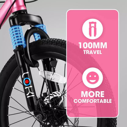 BestParts 20 Inch Kids Mountain Bike, 7-Speed Girls Bicycle with Front Suspension, Disc & V Brake, for Teens Age 8–12, Pink Steel Frame