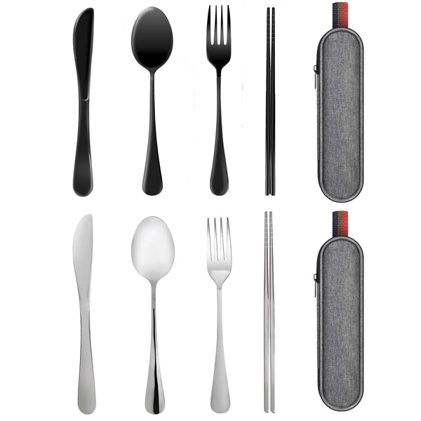 2 Set Travel Utensils with Case, Black & Silver Color Portable Silverware Set for Work Stainless Steel Reusable Travel Cutlery Set Fork Spoon Set for Camping Picnic Gadgets Lunch Box for Men Women