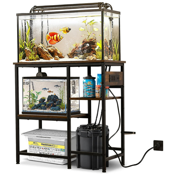 Fish Tank Stand with Power Outlets, 20-37 Gallon Metal Aquarium Stand with 3-Tier Storage Shelf, Heavy Duty Fish Tank Rack, Brown