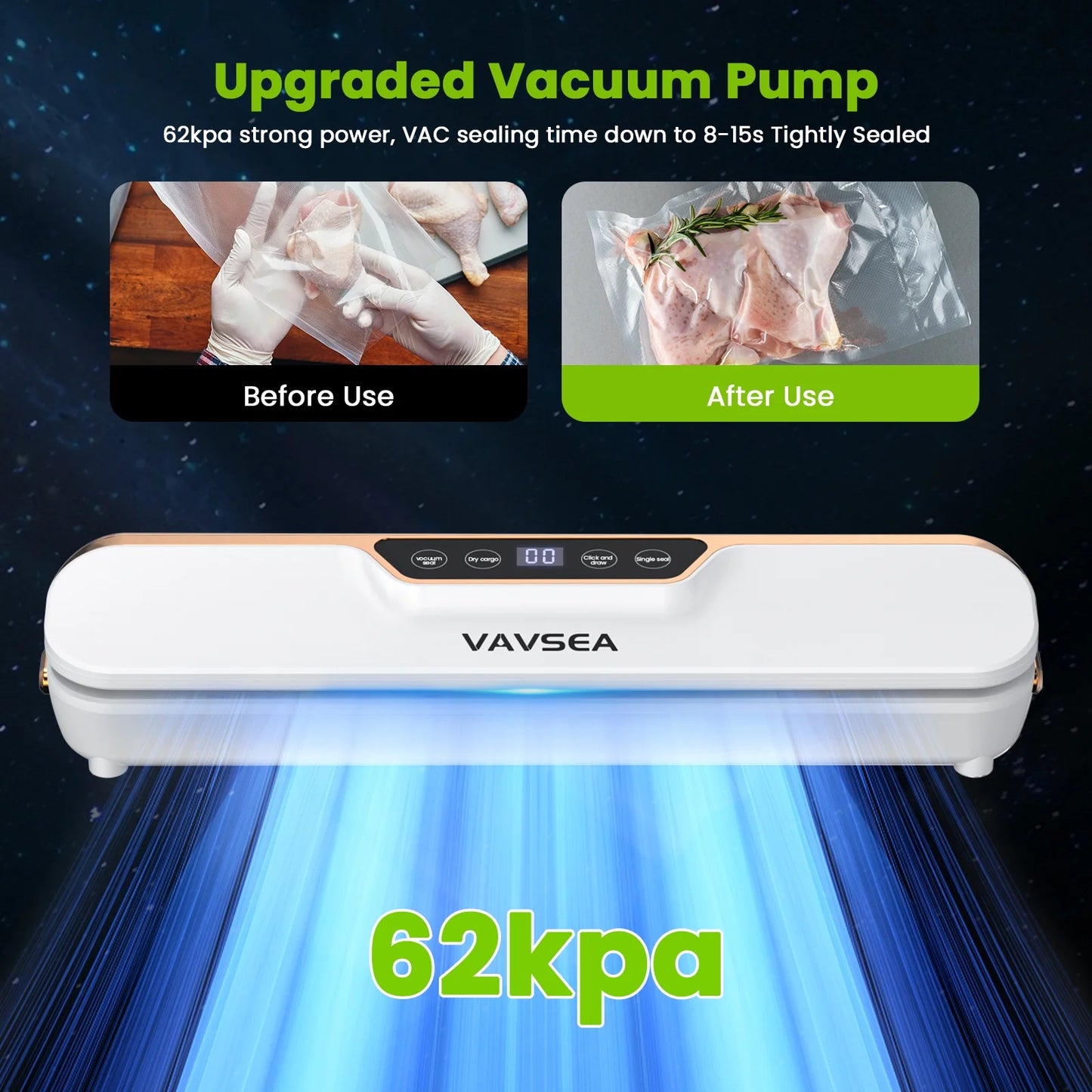 VAVSEA Vacuum Sealer, 62Kpa Food Sealer Machines with 4 Modes, Dry/Draw/Seal/Vac and 10Pcs Bags Starter Kit for Dry  Moist Food Storage Sous Vide for Kitchen