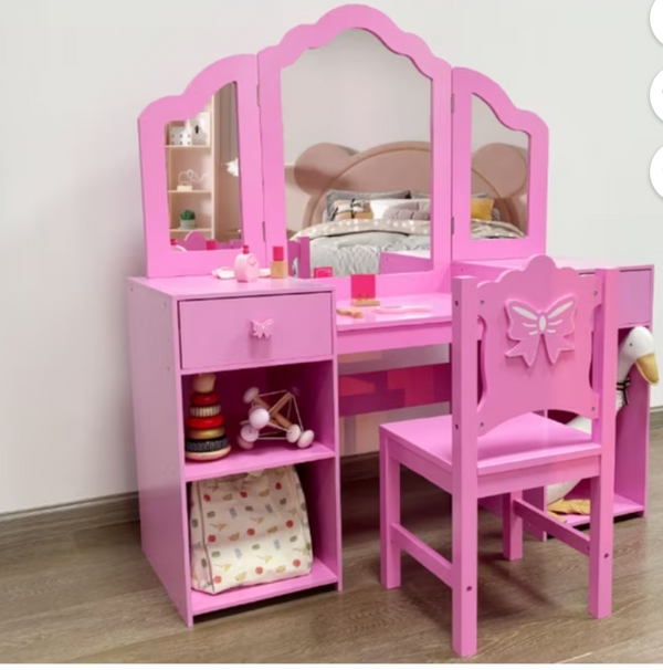 Uhomepro Kids Vanity Set with Mirror and Chair, 2 in 1 Princess Makeup Desk Dressing Table with Detachable Top, Toddler Vanity with Storage Drawer Cabinet, Large Pretend Play Vanity for Girls, Pink