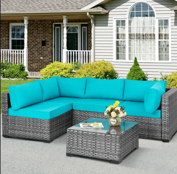 Carpet Outdoor Wicker Rattan Sectional Sofa Patio Furniture Conversation Sets with Glass Table and Cushions for Lawn Backyard Deck,Blue