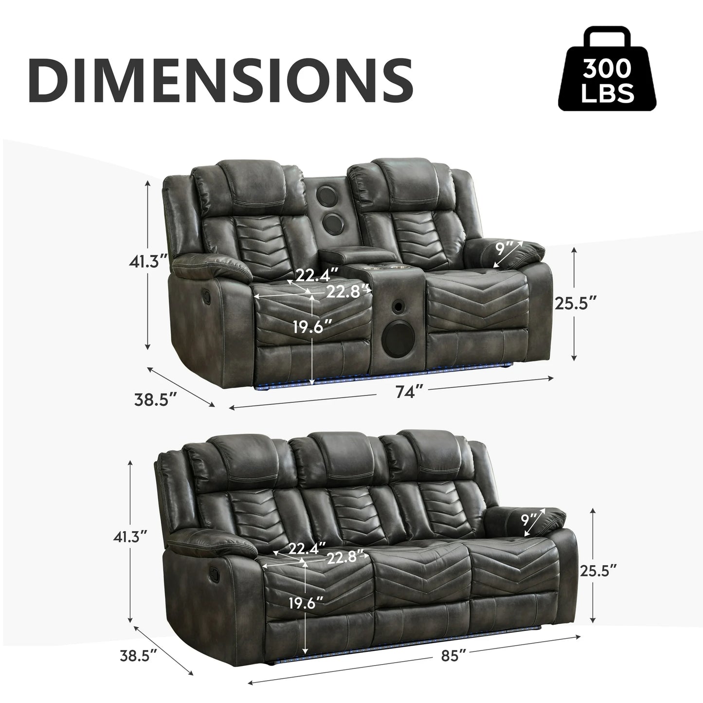 Othniel Manual Recliner Sofa Set 5-Seater with Bass Speaker,Wireless Charger,LED Light Gray