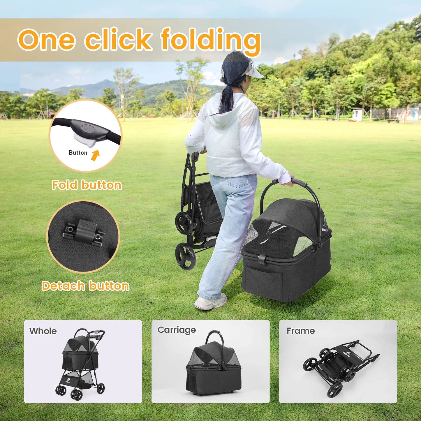 Wedyvko Pet Stroller with 4 Wheels, Foldable Pet Travel Carrier for Small/Medium Dogs Cats up to 50lbs, Detachble Portable Pet Bag, Storage Basket, Car Seat 3 in 1 Multifunctional,Black