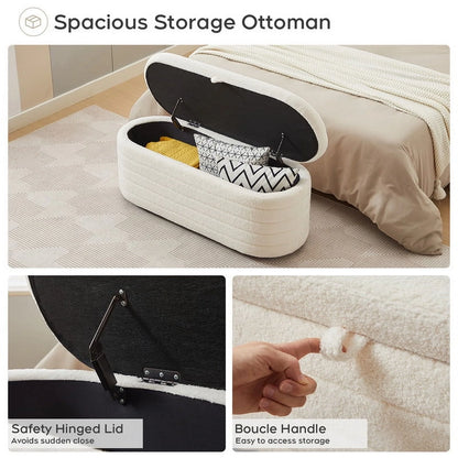 Othniel 45x16.5 Inch White Teddy Storage Ottoman Bench,Oval Footrest with Anti-Slip Legs