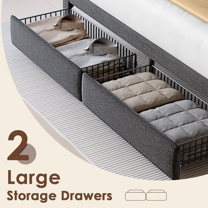 HSUNNS King Size Bed Frame with LED, Linen Upholstered King Bed with 2 Drawers, Storage Headboard and Charging Station, Platform Bed Frame, No Box Spring Needed, Easy Assembly, Dark Gray