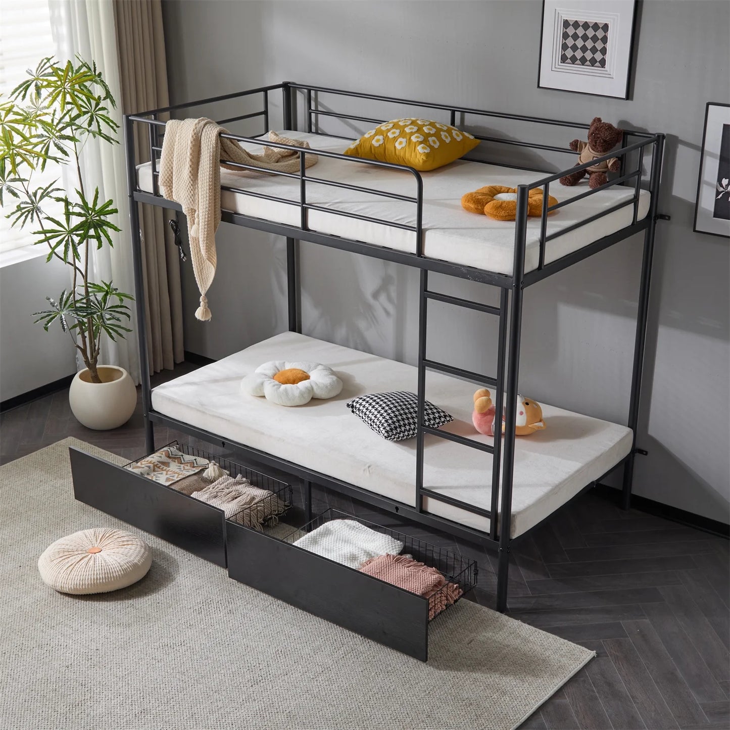 Zimtown Metal Twin-over-Twin Bunk Bed with 2 Drawers and Charging Station, Black
