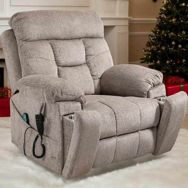 UHOMEPRO Oversized Power Lift Recliner Chair with Massage and Heat for Elderly, Large Wide Seat Recliners for Big and Tall, Safety Motion Reclining Mechanism with Hidden Cup Holder, Light Brown