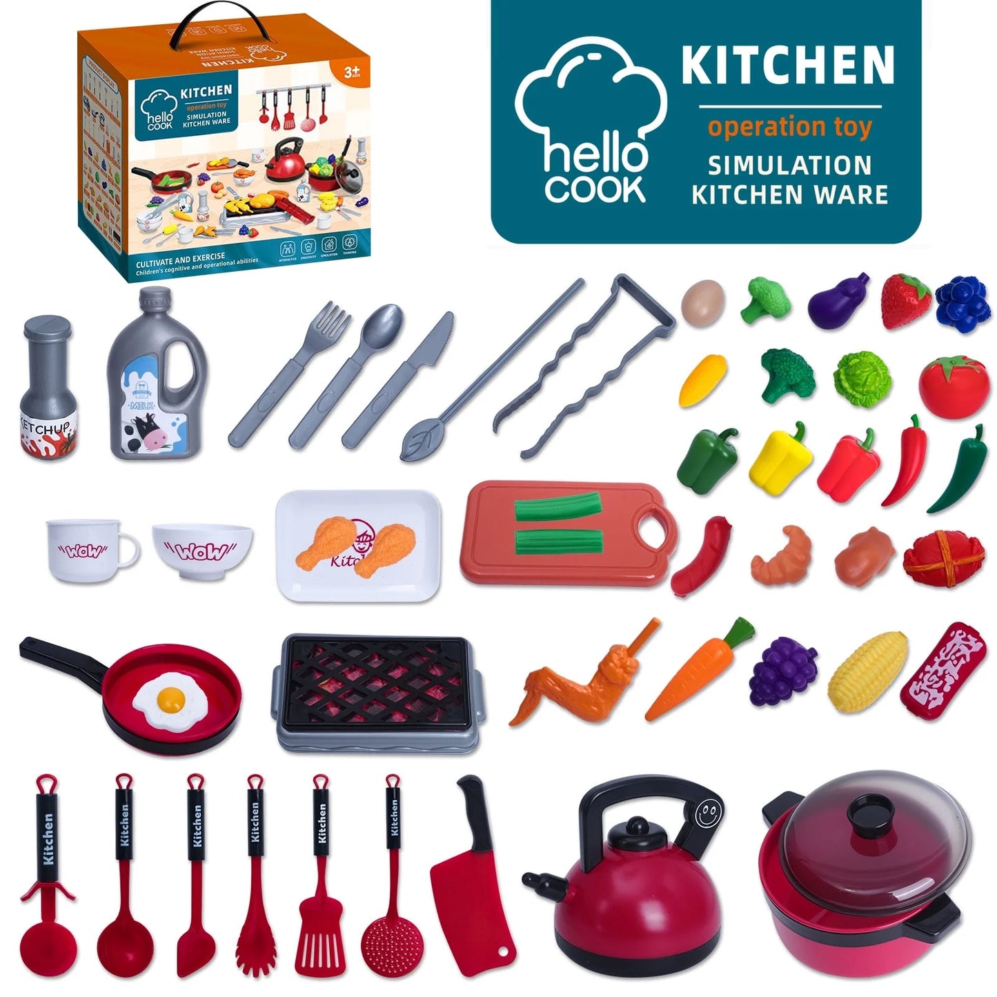 BEEPRINCESS 76Pcs Play Kitchen Accessories, Kids Kitchen Pretend Play Toys with Play Pots and Pans, Utensils Cookware Toys, Play Food Set, Toy Vegetables, Pretend Cooking Playset for Toddler Age 3+