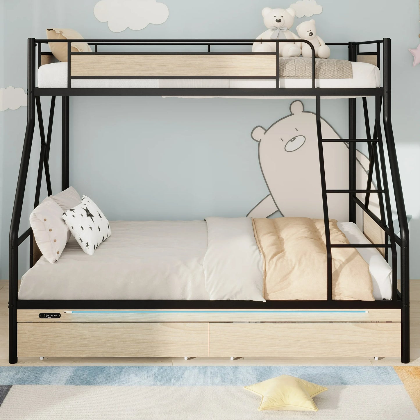 Twin Over Full Bunk Bed with Storage, Heavy Duty Metal Bunk Beds with LED Lights for Kids, Space Saving Bunk Beds with 2 Drawers, l, Modern Kids Room Furniture, Black
