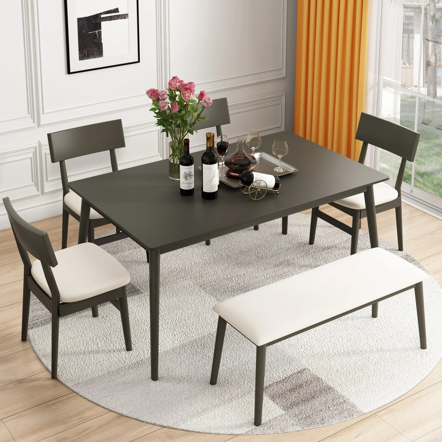 SEGMART 6 Piece Dining Table Set, Modern Home Dining Set with Table, Bench & 4 Cushioned Chairs, Wood Rectangular Table and Chair Set, Kitchen Table Set for Dining Room, Gray