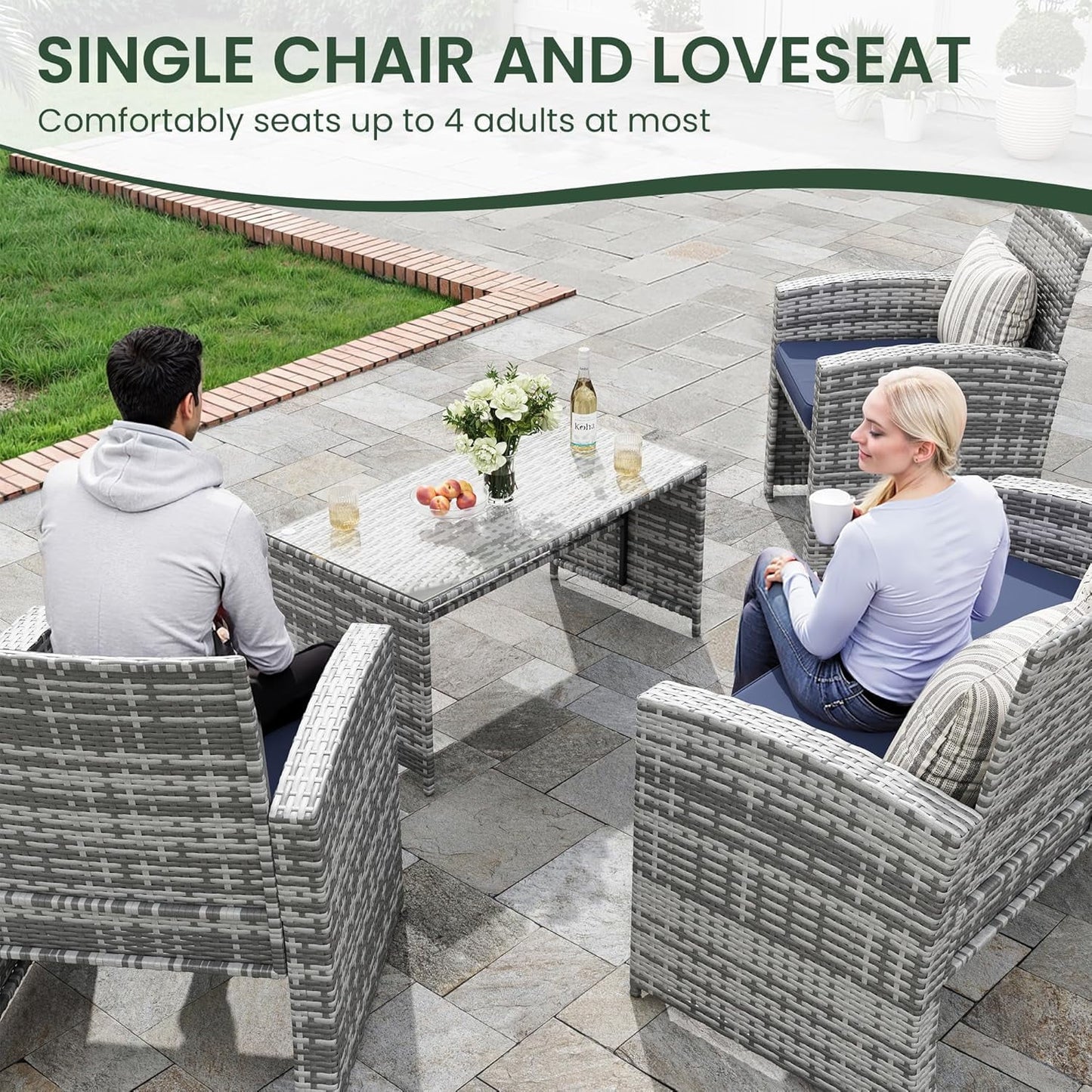 UDPATIO Patio Furniture Set 4 Pieces Outdoor Furniture with Soft Cushion and GlassTable, All Weather Manual Weaving WickerRattan Patio Chairs for Garden, Terrace, Porch,Lawn (Gray/Blue)