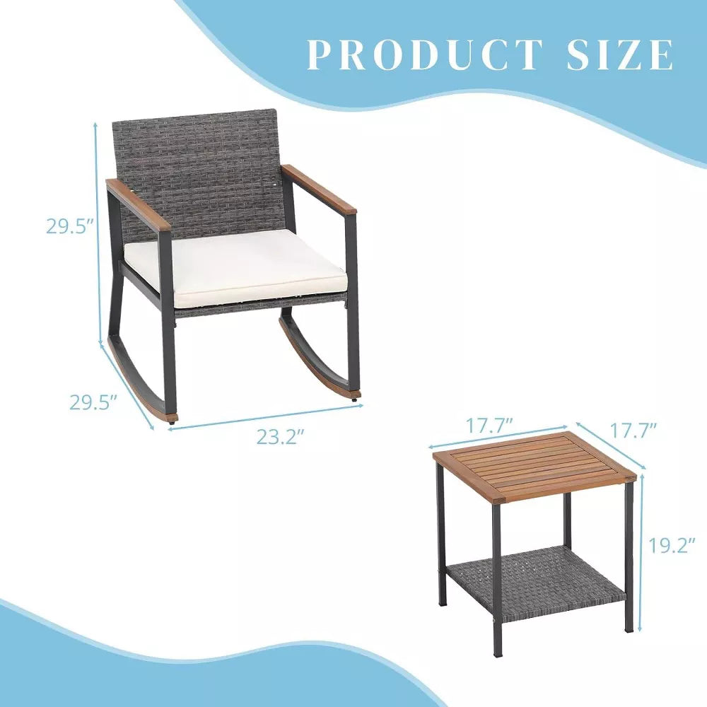 My Depot Outdoor Rattan Chair 3 Piece Set with Coffee Table and Cushions for Balcony Porch Poolside