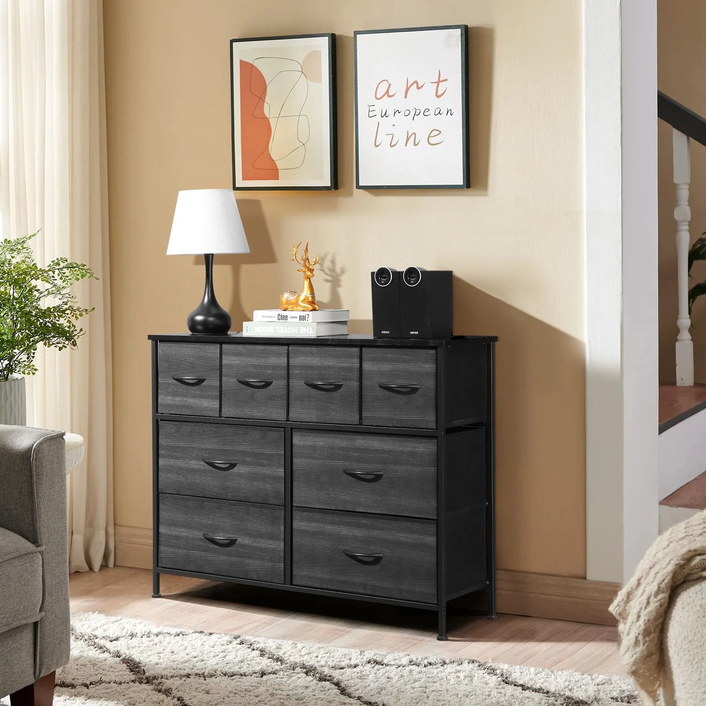 Sesslife 8 Drawer Dresser, Fabric Storage Drawers with Wood Top and Metal Frame, Modern Wide Chest of Drawers for Bedroom, Living Room, Closets, Black