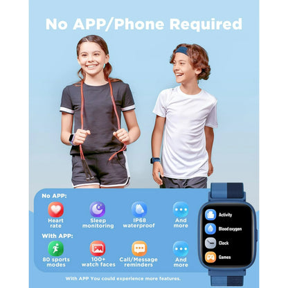 BIGGERFIVE Smart Watch for Kids, 1.8" Fitness Tracker Watch Pedometer, Sleep Monitor, IP68 Waterproof, Calorie Step Counter, Puzzle Game with/Without APP for Girls Teens 5-16,
