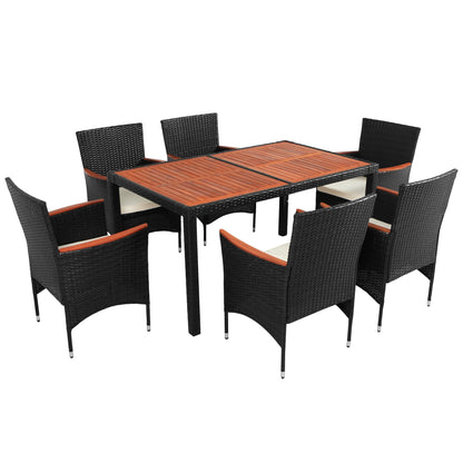 SEGMART Wicker Patio Dining Set, 7PCS Outdoor Rattan Table & Chairs Set with Acacia Wood Top & Padded Cushions, Deck Furniture Dining Table Set, Garden Porch Backyard Sectional Conversation Set