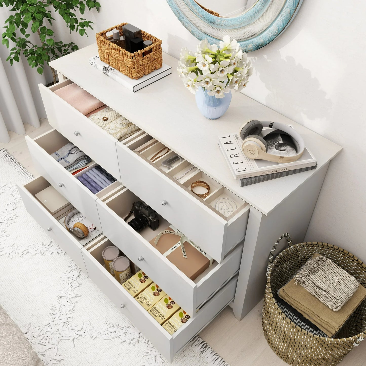 TrumanPick 6 Drawer Double White Dresser for Bedroom Wood Chest of Drawers for Living Room Entryway 47"x 17" x 33"