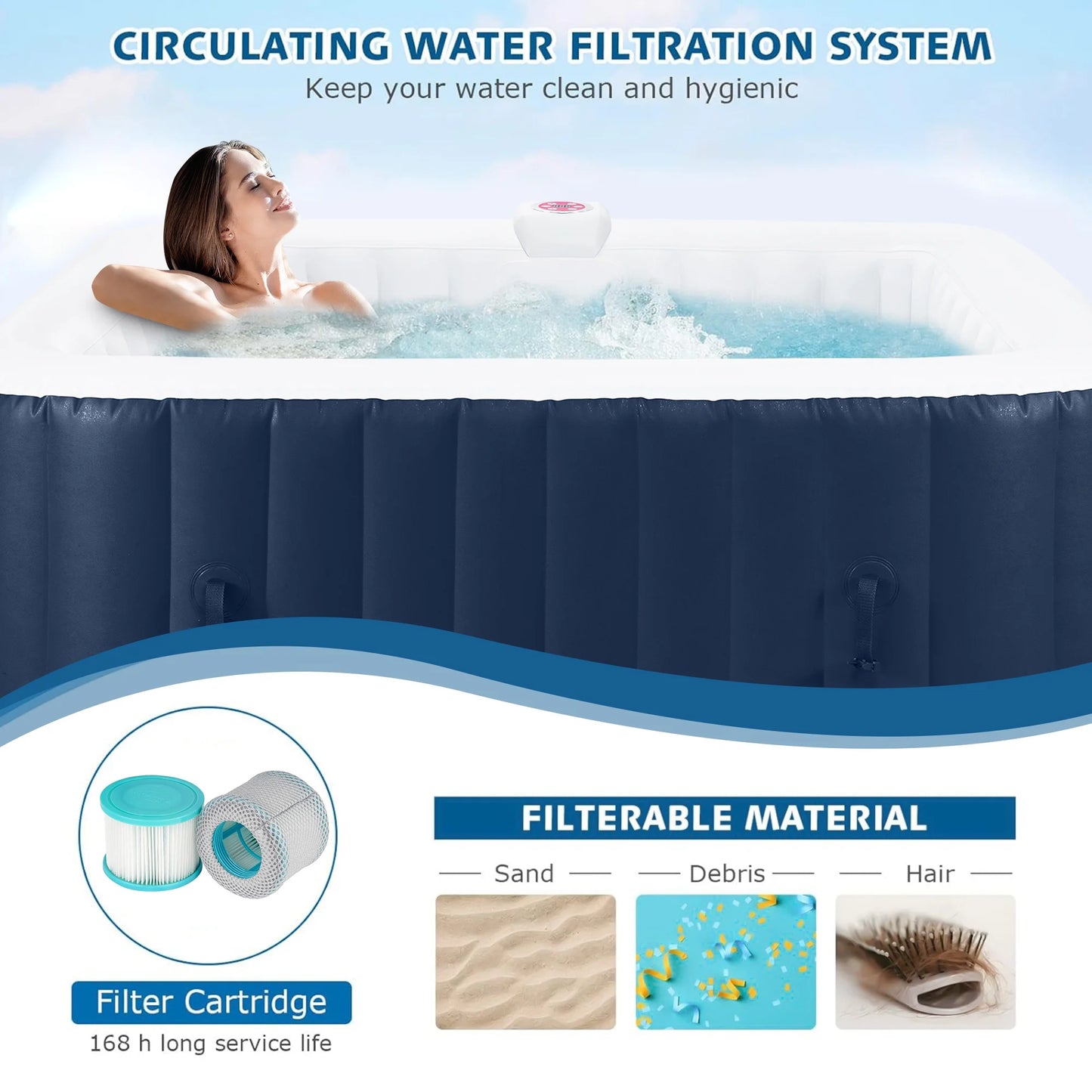 4-6 Person Outdoor Portable Inflatable Heated Hot Tub with 130 Bubble Jets, Square Inflatable Heated Pool Spa with Insulated Cover, Insulated Cover and Carry Bag, Blue