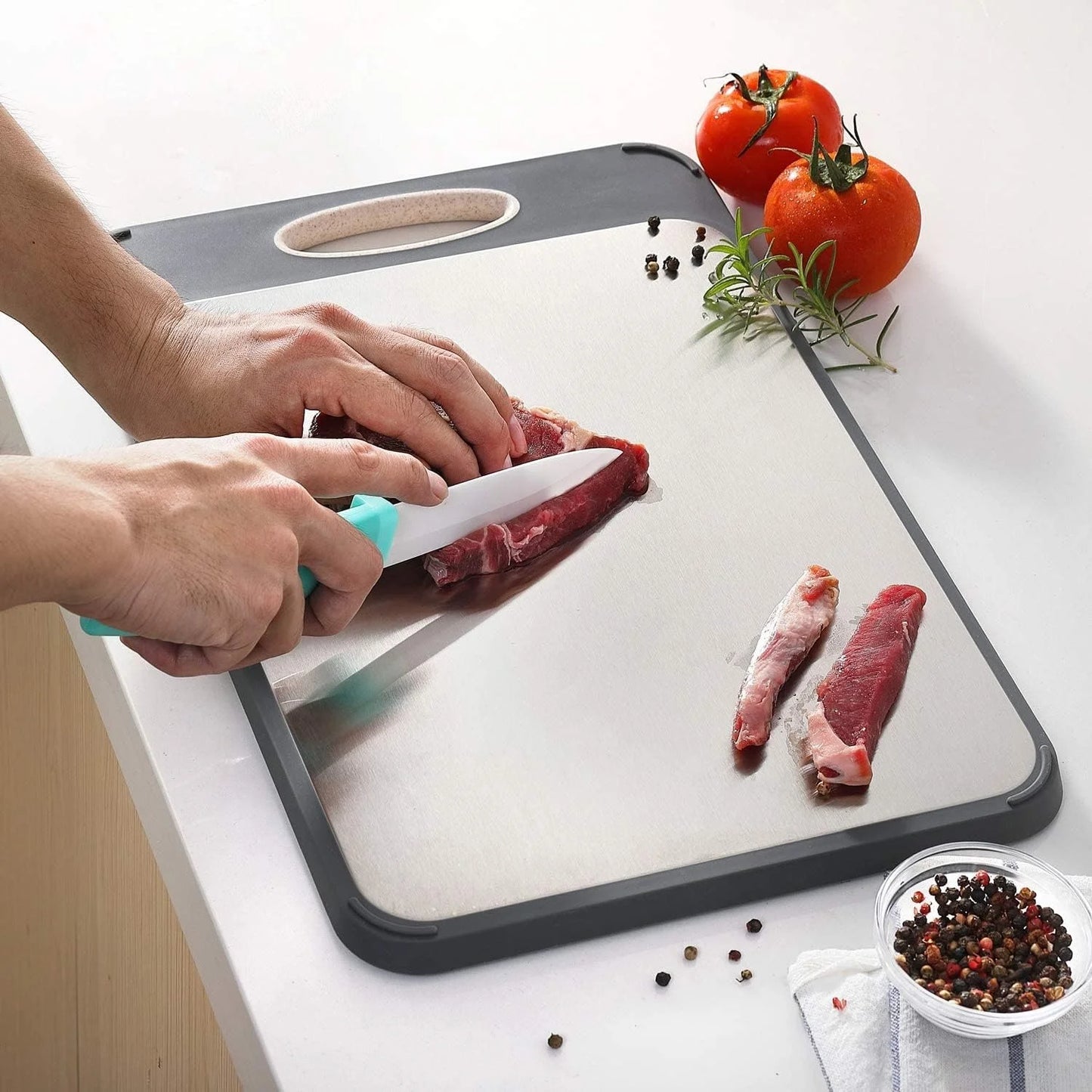 Cutting Board Double Sided, AOKIWO Large Size 16”×11”, 304 Stainless Steel Cutting Board for Kitchen, Food-Grade, Stainless Steel and Wheat Straw PP