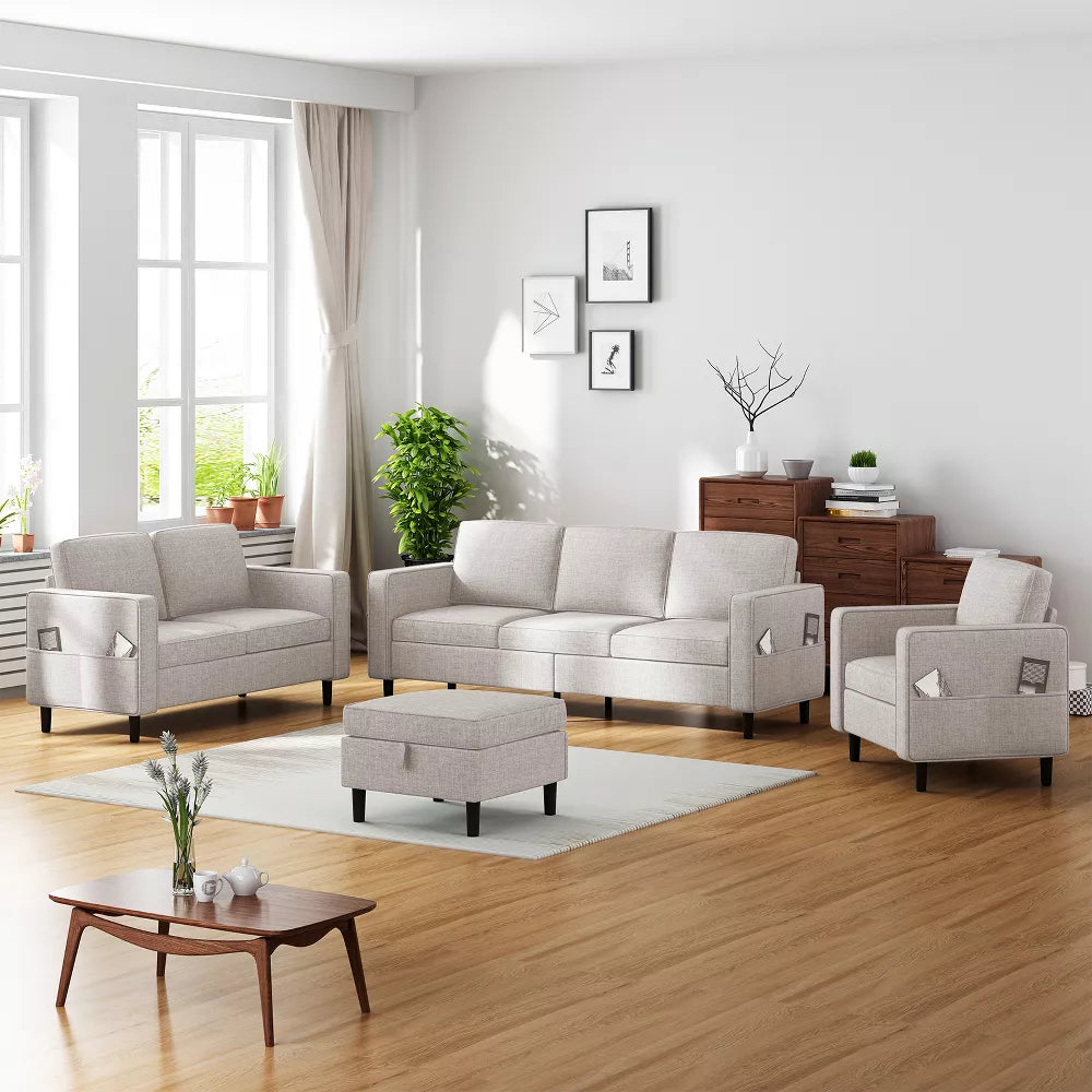 Mjkone 78" Linen Sectional Couches Set , L-Shaped Sofa with Storage Ottoman and Loveset Sofa and Armchair