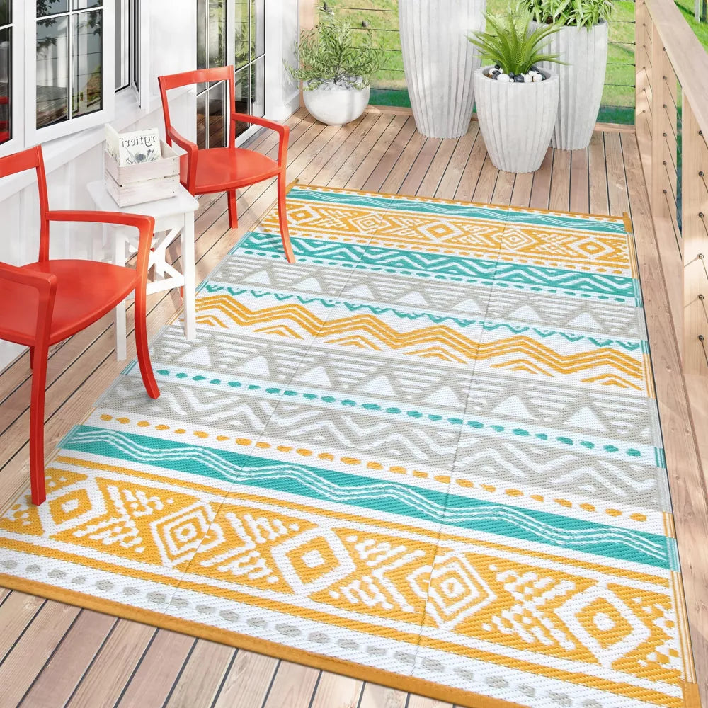 Lahome Waterproof Outdoor Reversible Boho Plastic Straw Mat for Patio,Balcony,Deck
