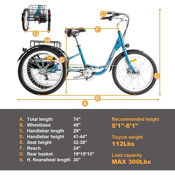 Skeri Electric Tricycle for Adults, 750W(Peak 1350W) Motor, 48V13Ah Battery, 20"x4" Folding Fat Tire 3-Wheel Electric Trike, 20MPH, Hydraulic Brakes, Rear Basket & Differential