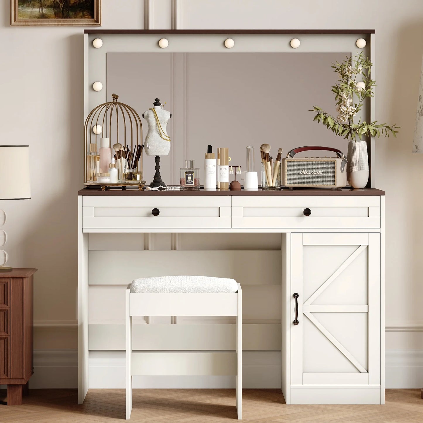 Vanity Set with Mirror and Lights, 43.4" Large Makeup Vanity Table Set for Girls, Dressing Vanity Table with Stool for Bedroom, with 2 Drawers and Visible Glass Top, White