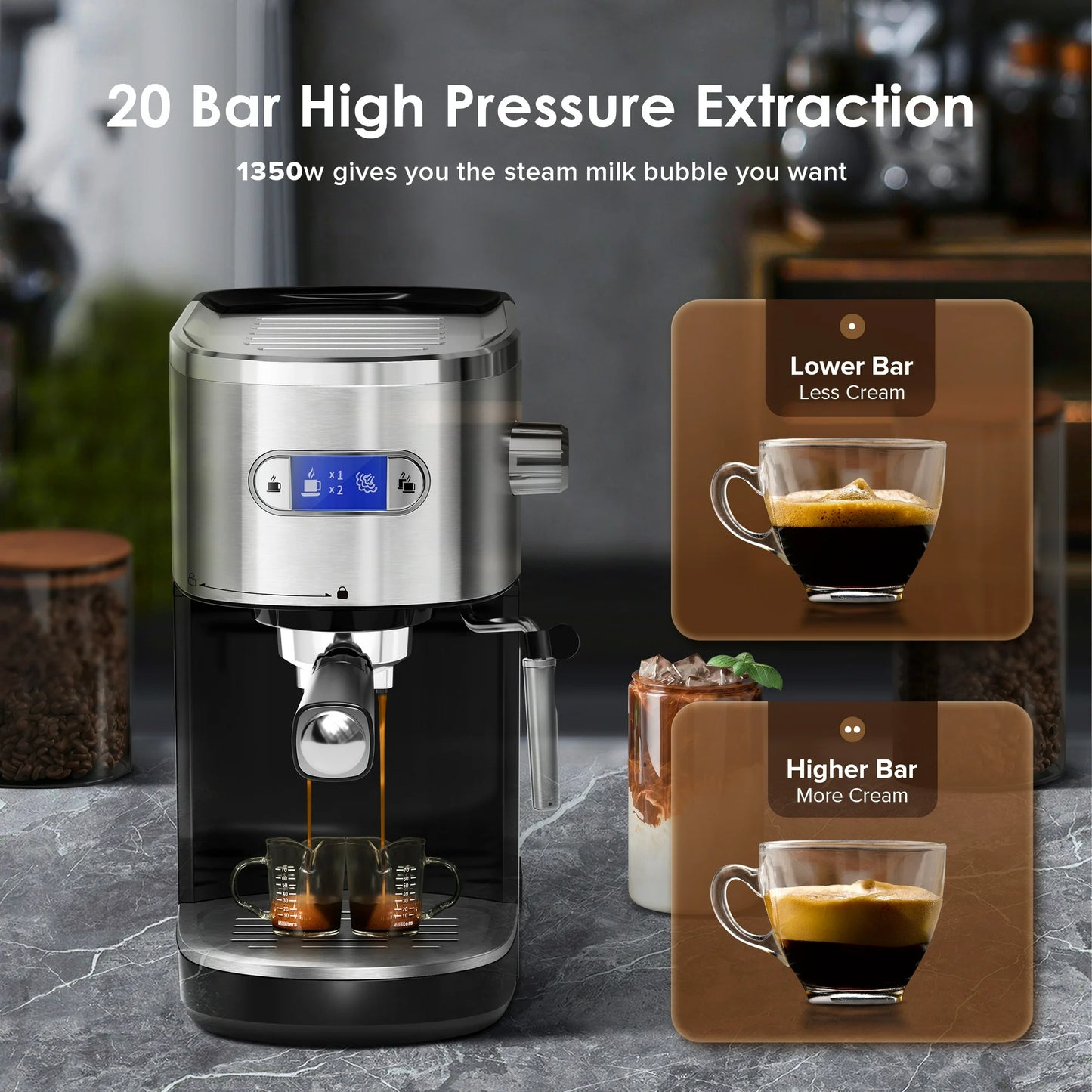 Auseo 20 Bar Semi-Automatic Coffee Maker, Steam Milk Foam for Home/Office/Cafe, Black