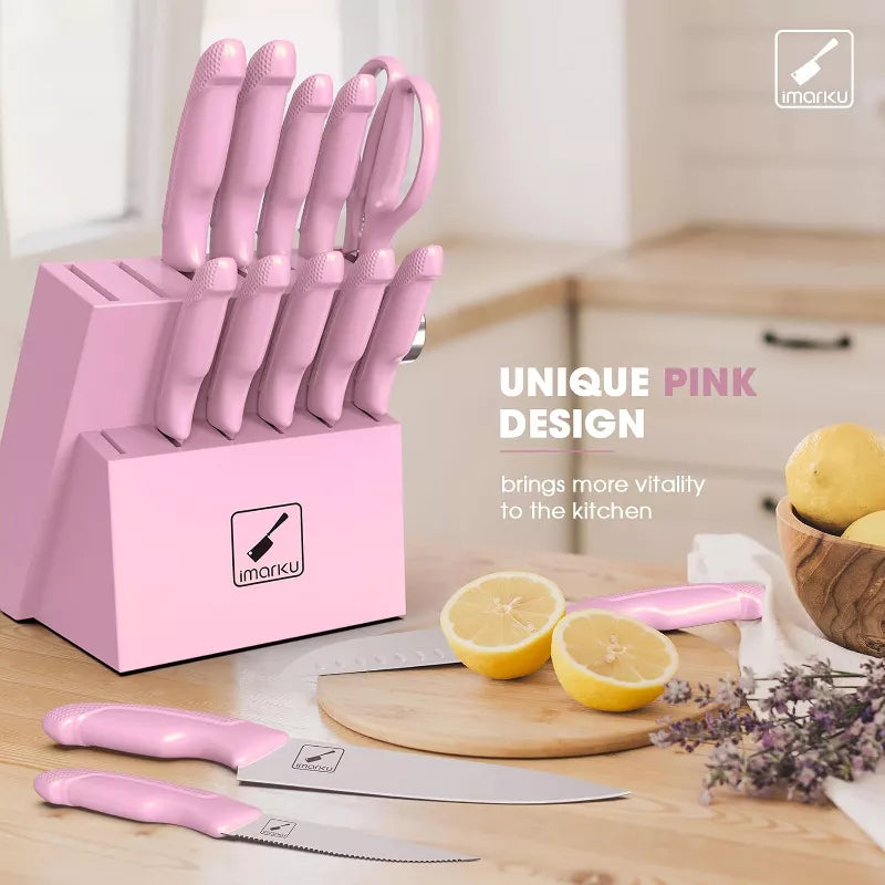 imarku Knife Set with Block, Built-in Sharpener, Stainless Steel Kitchen Knife Set with Non-Slip Ergonomic Handle, Dishwasher Safe, Best Gifts,14 PCS