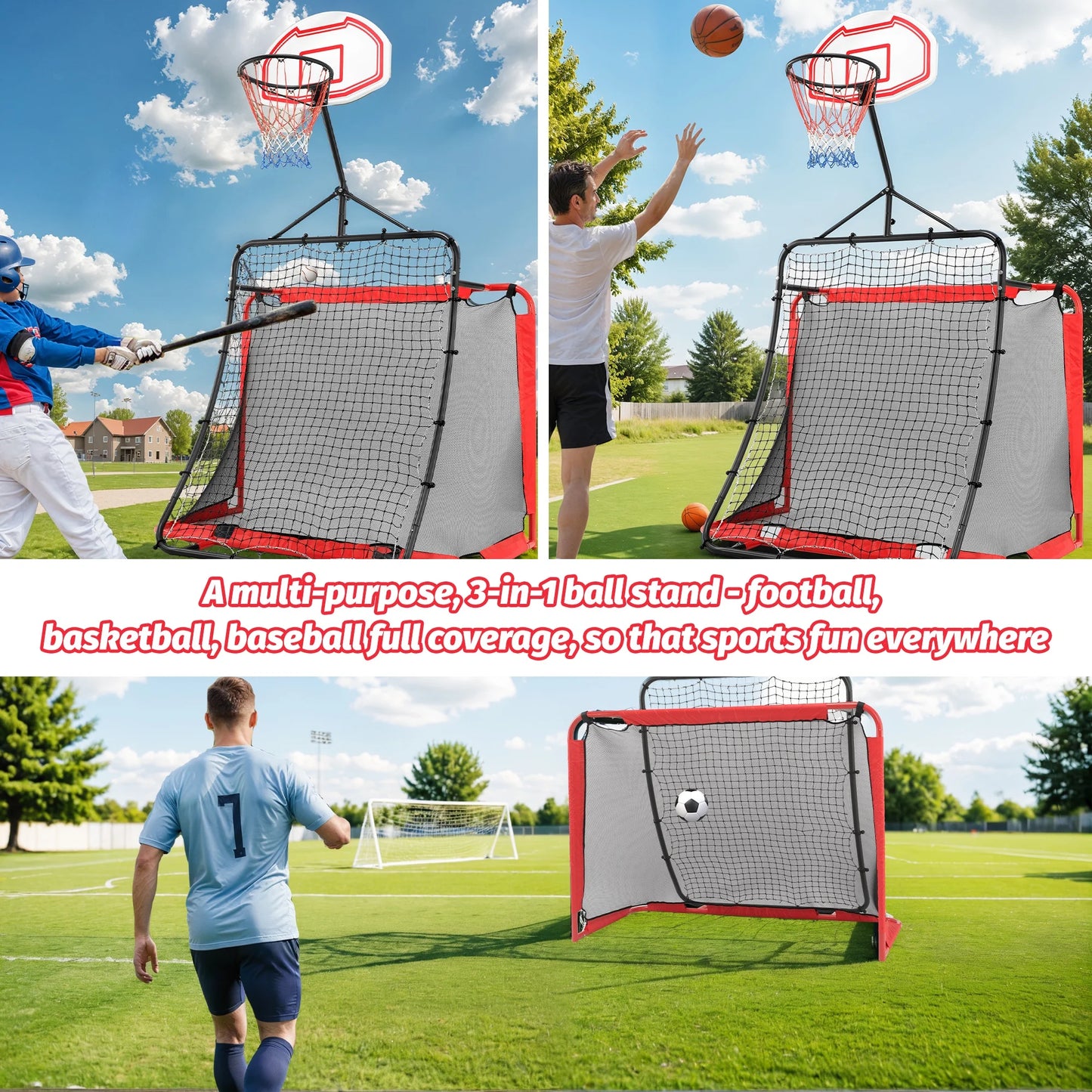 All-in-one Outdoor Sports Set with Football Net, Baseball Net, 3-in-1 Combo Outdoor Sports Center with Soccer Goal, Lacrosse Net, Segmart Heavy-duty Basketball Hoop with Durable Net, Metal Frame