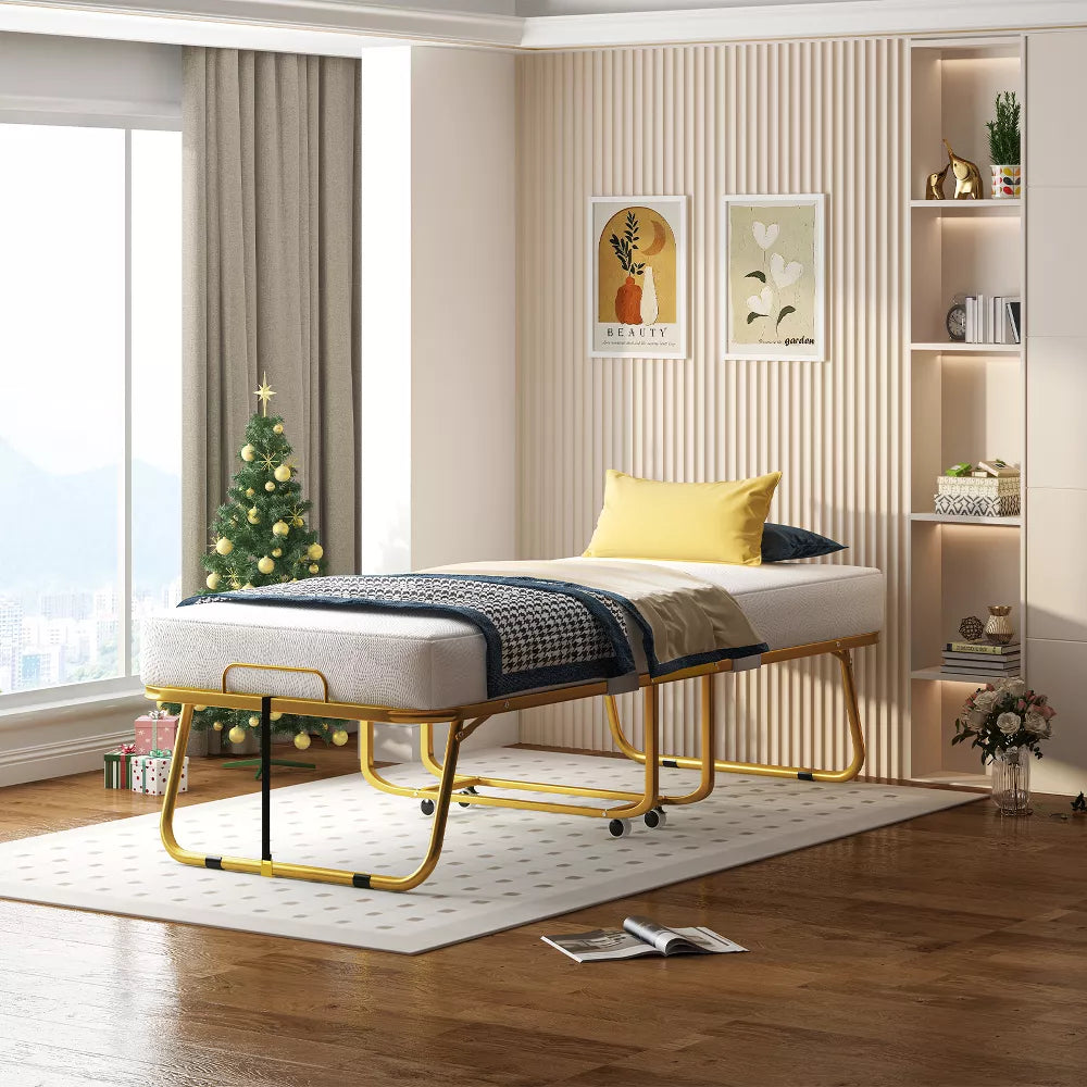 Mjkone Folding Bed with Memory Foam Mattress, Single Rollaway Bed for Guests, Space Saving Portable Bed with Lockable Wheels, Easy Assembly & Moving