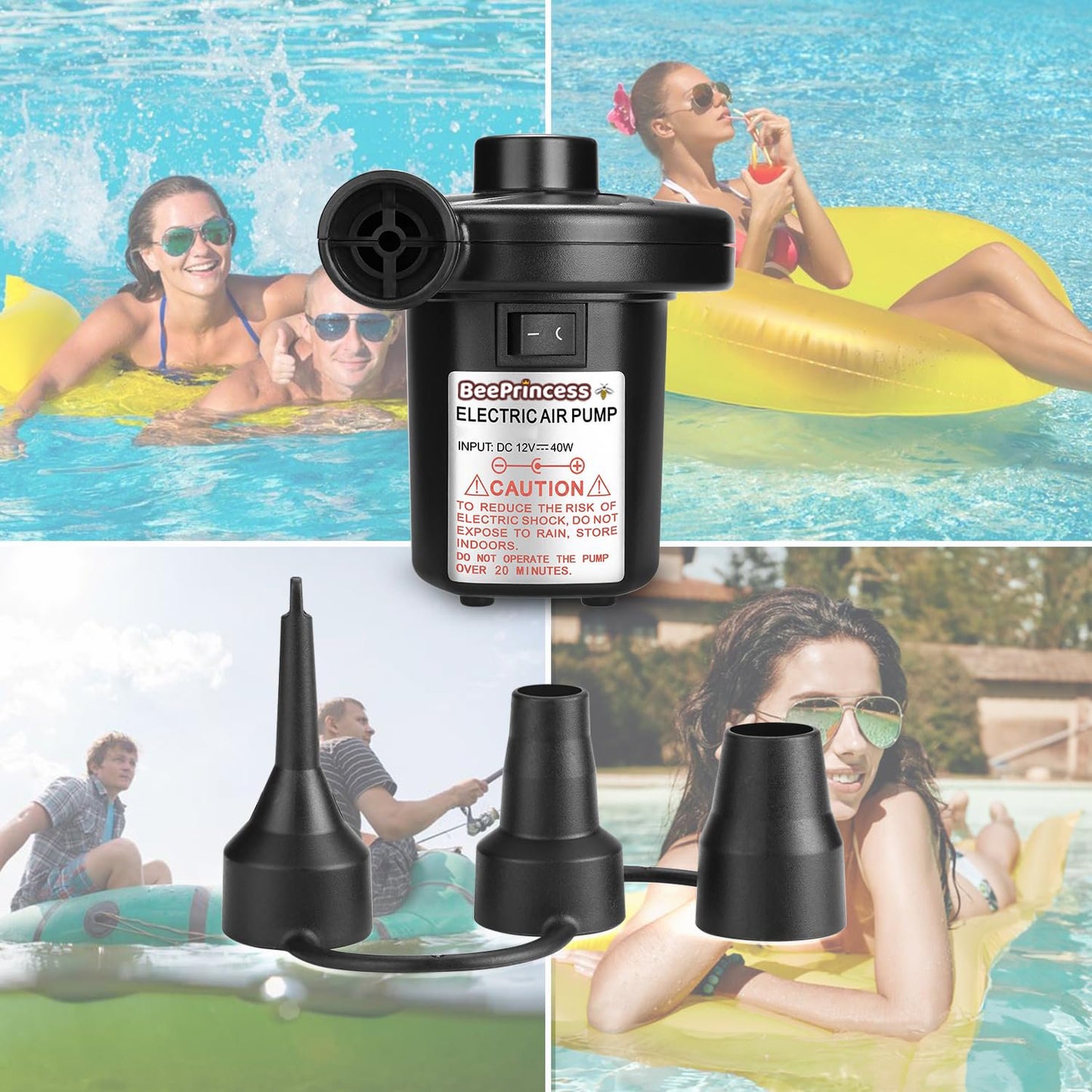 Beeprincess Electric Air Pump 3 Nozzles 110V AC 12V DC Quick Fill Inflator Deflator Inflatable Cushions Mattresses Boats Swimming Rings