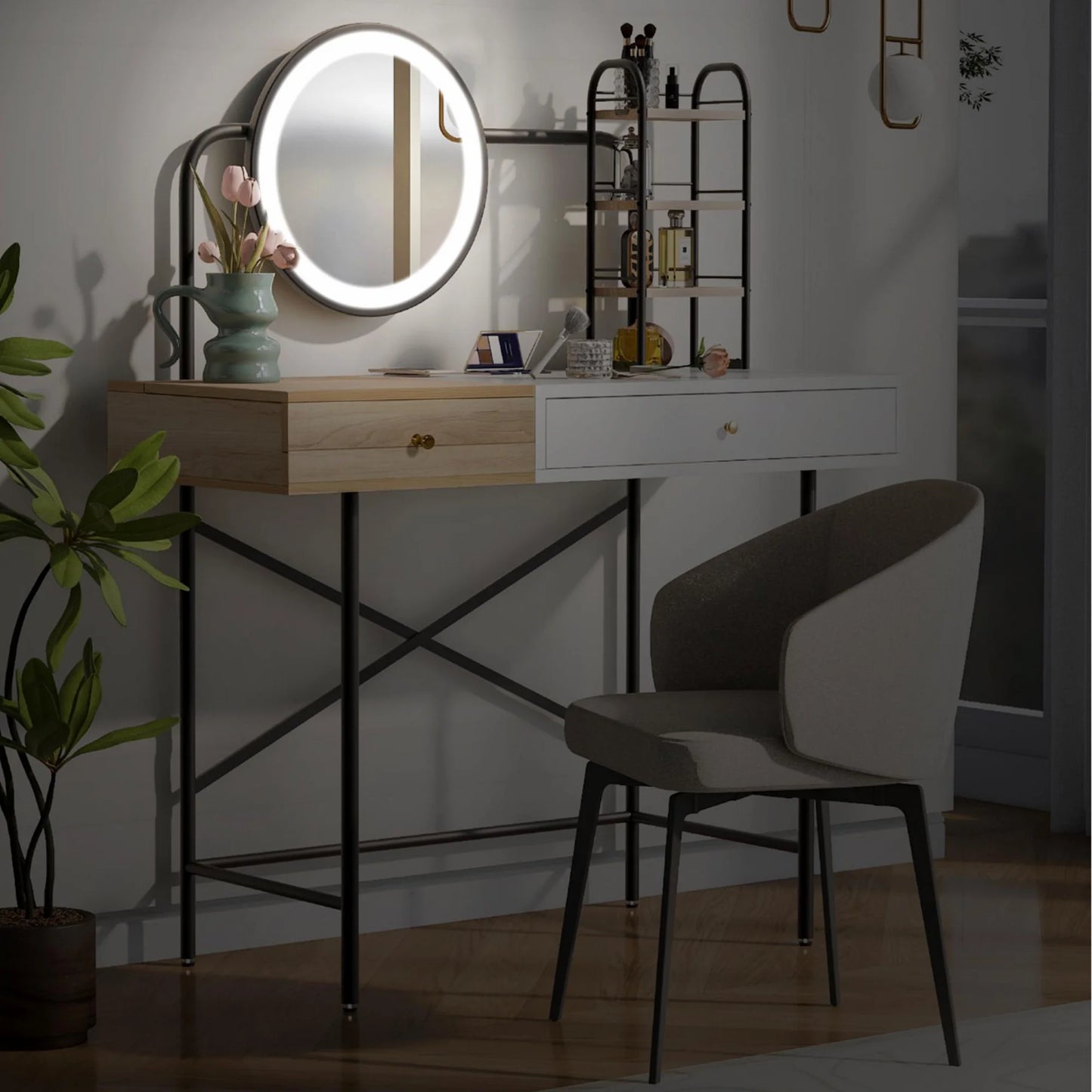 ENYOPRO Makeup Vanity Table with 3-Mode Lighted Mirror & Wireless Charging Station, Modern Makeup Desk, Dressing Table with Drawer & 3 Open Shelves, White