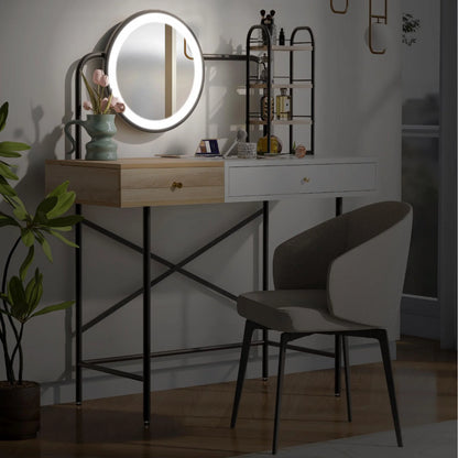 ENYOPRO Makeup Vanity Table with 3-Mode Lighted Mirror & Wireless Charging Station, Modern Makeup Desk, Dressing Table with Drawer & 3 Open Shelves, White