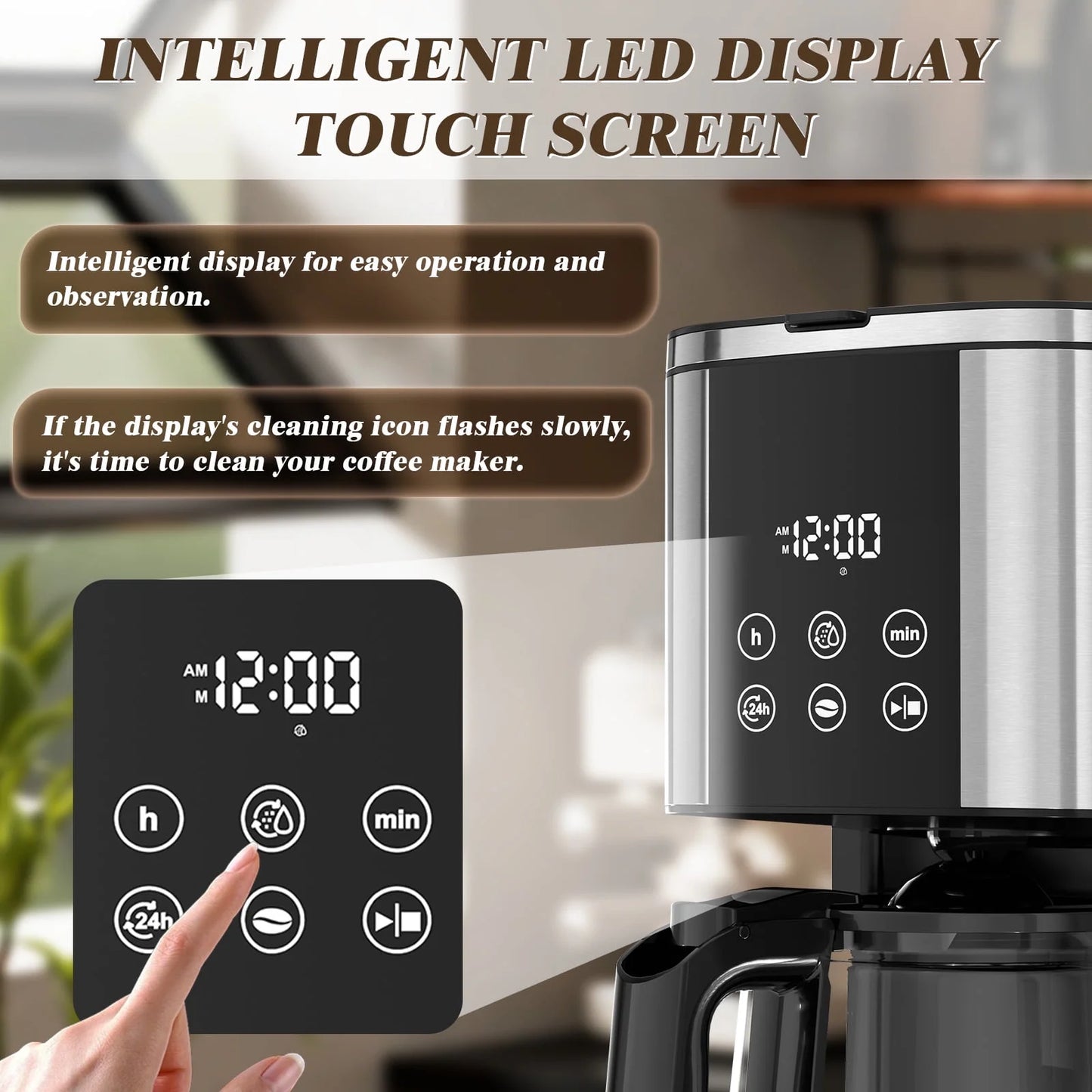 Auseo Drip Coffee Maker with Glass Carafe, 10-Cups Programmable, 2 Coffee Strength Options, Time Control, Warming Function for Home