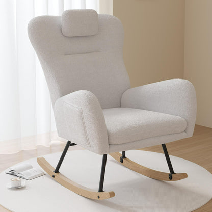 PAPROOS Modern Teddy Fabric Rocking Chair, Accent Rocker Chair with High Backrest for Nursery, Accent Glider Rocker for Living Room Bedroom Playroom，White