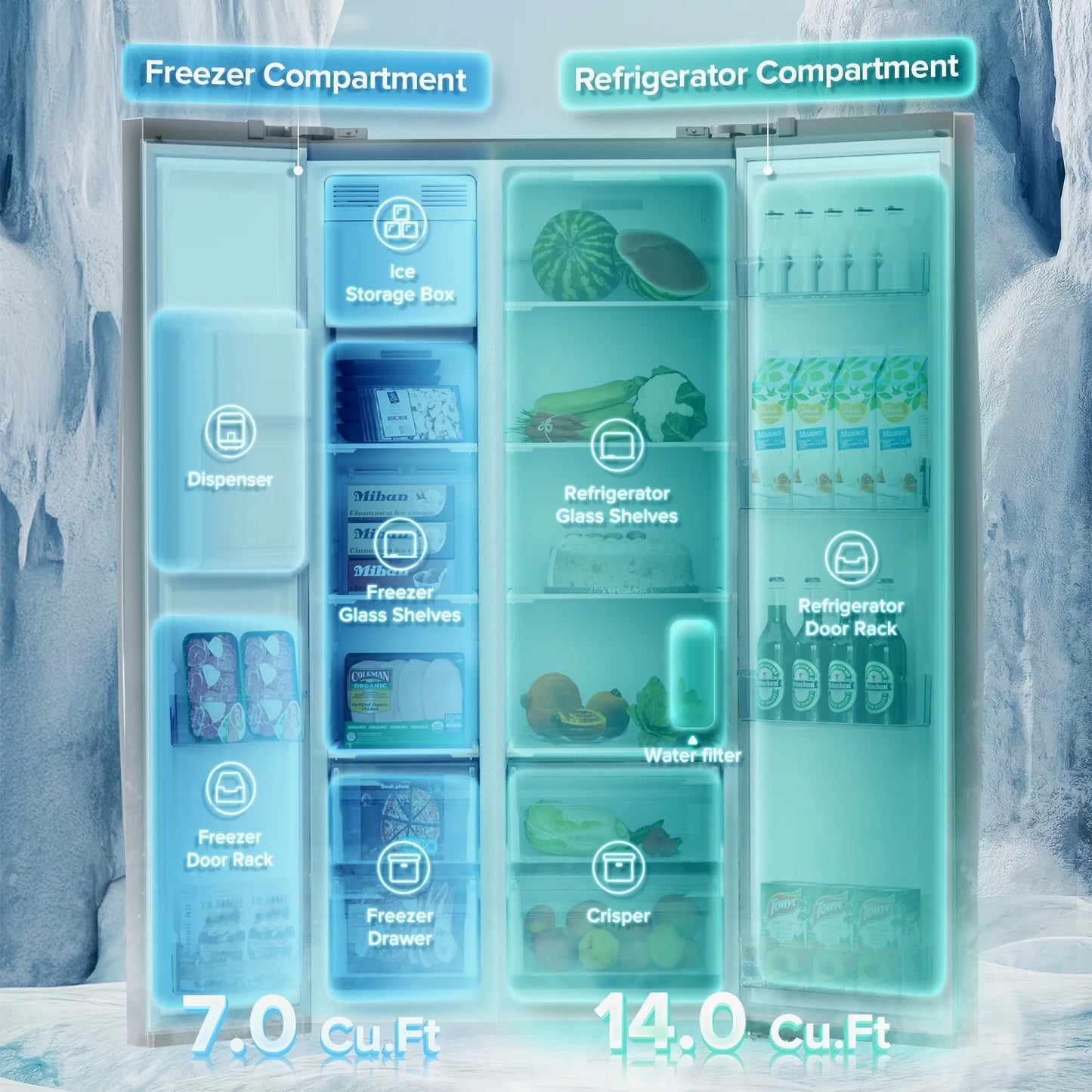 Auseo 21 Cu.ft. 36" Depth French Door Refrigerator with Ice & Water Dispenser, Auto Defrost, Gray Stainless Steel