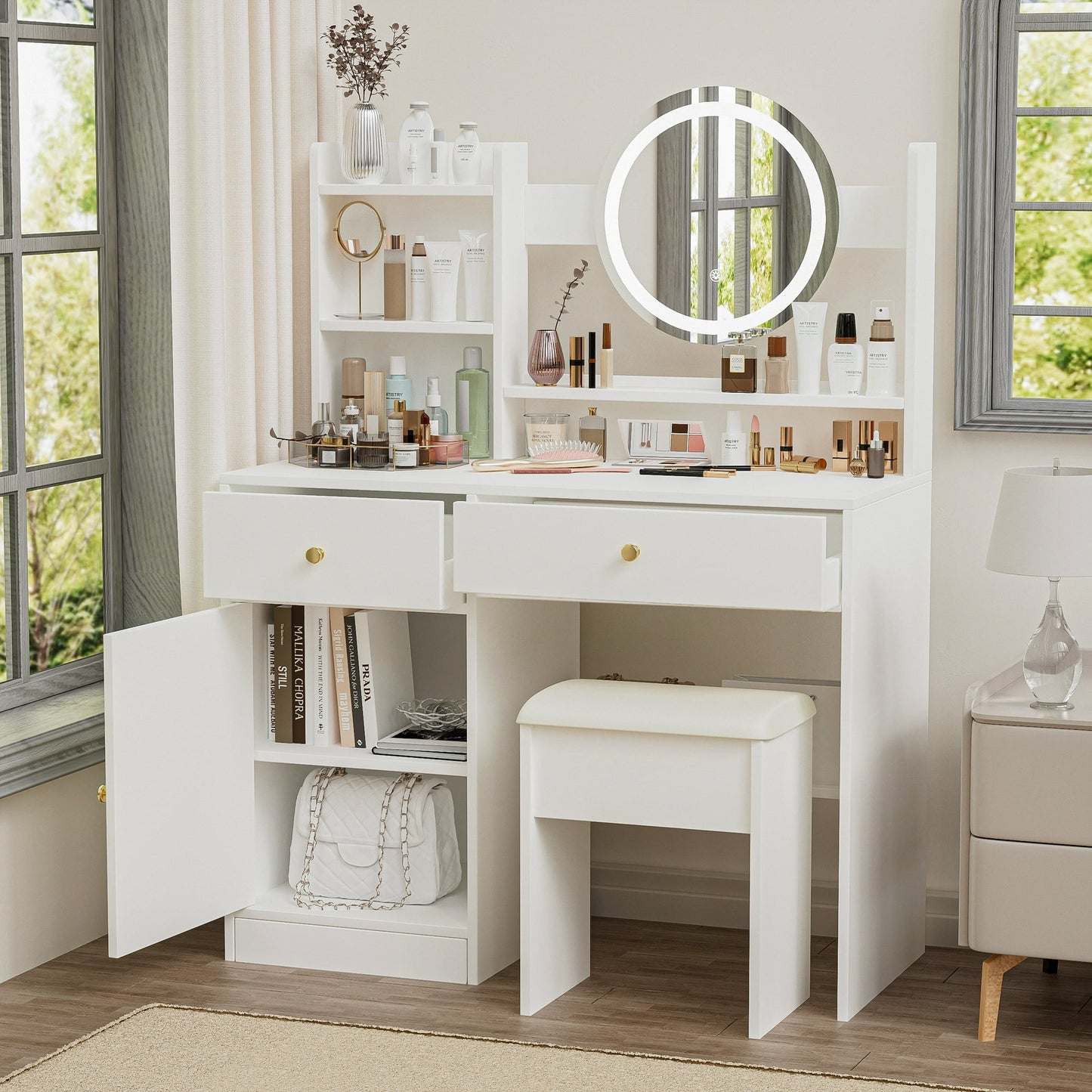 PORKISS Makeup Vanity, Wood Vanity Table Set with Mirror and Stool, 3 Lighting Modes Adjustable, Modern Vanity Desk with Cabinet, Drawers, Storage Dressers for Bedroom, White