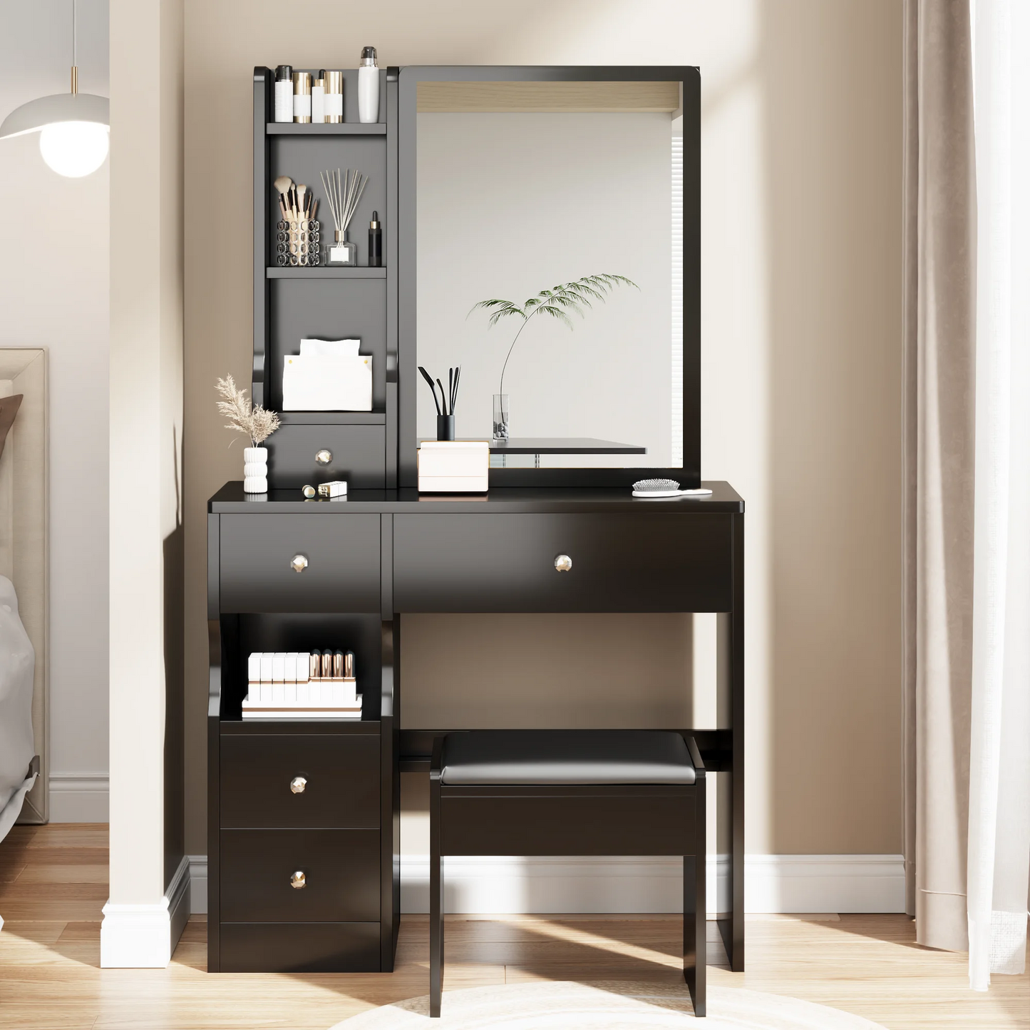 PORKISS Vanity Set with Sliding Mirror for Girls, Vanity Desk with Cushioned Stool and 4 Storage Drawers, Multi-Layer Shelves, Dressing Table for Small Bedroom, Black