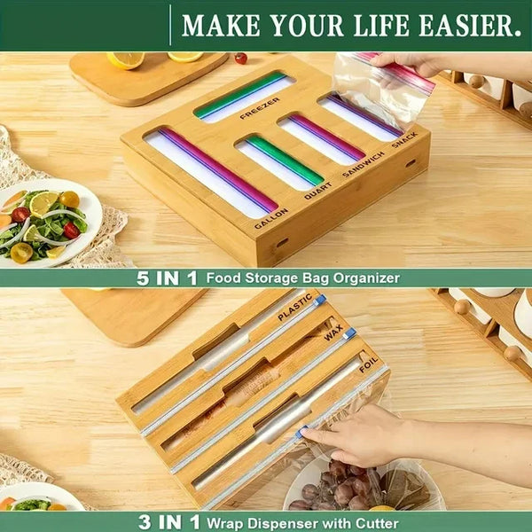 9 in 1 Storage Bag Organizer For Kitchen Drawer Combo, Bamboo Foil And Plastic Wrap With Cutter, Organizers Compatible Gallon, Quart, Sandwich Snack Size, Birthday Gifts, New Year Gift
