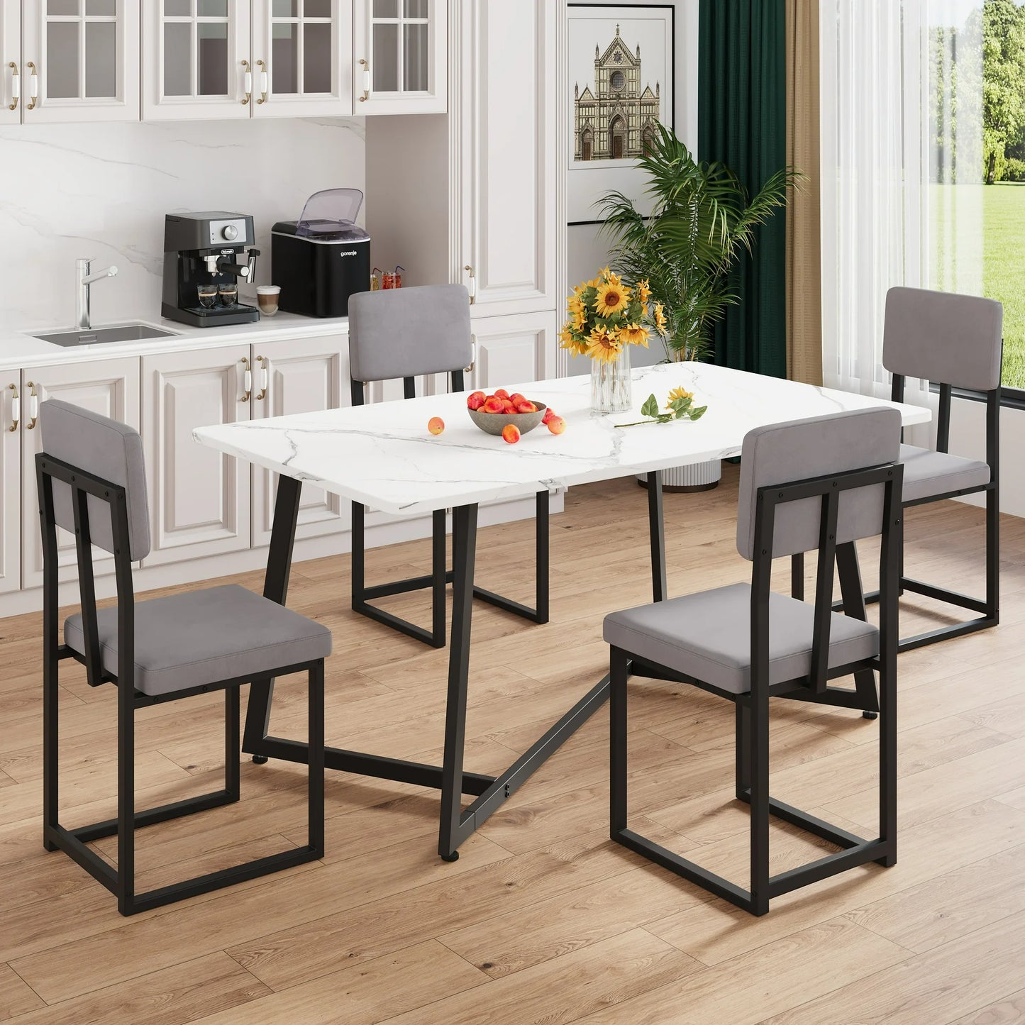 PAPROOS Dining Table Set for 4, 5 Piece Dining Room Table Set with Faux Marble Top and Fabric Upholstery Chairs, Modern Dinette Sets for Breakfast Nook, Kitchen Table and Chairs Set, White&Gray