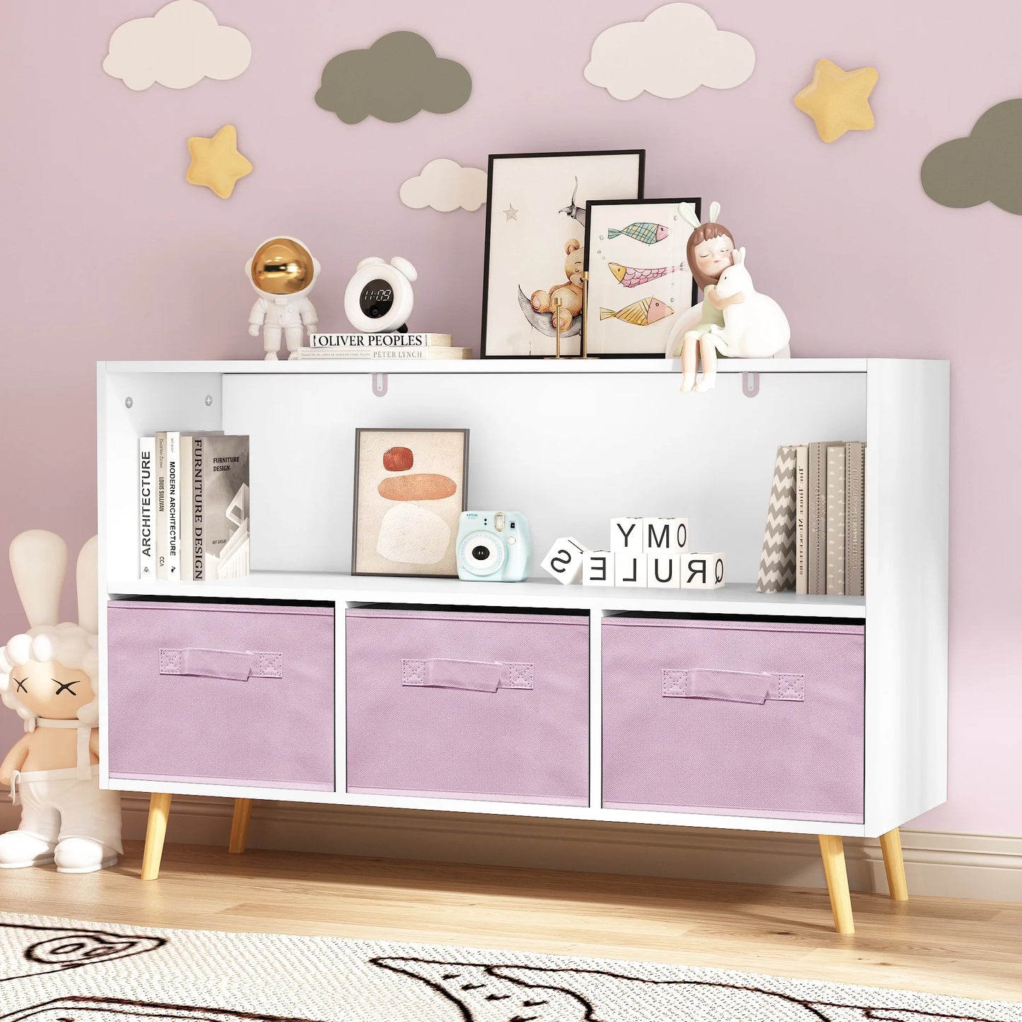 PORKISS Kids Bookshelf, Wood Bookshelf for Kids with Collapsible Fabric Drawers, Freestanding Kids Bookcase, Modern Toy Storage Organizer for Children's Room, Living Room, White/Pink