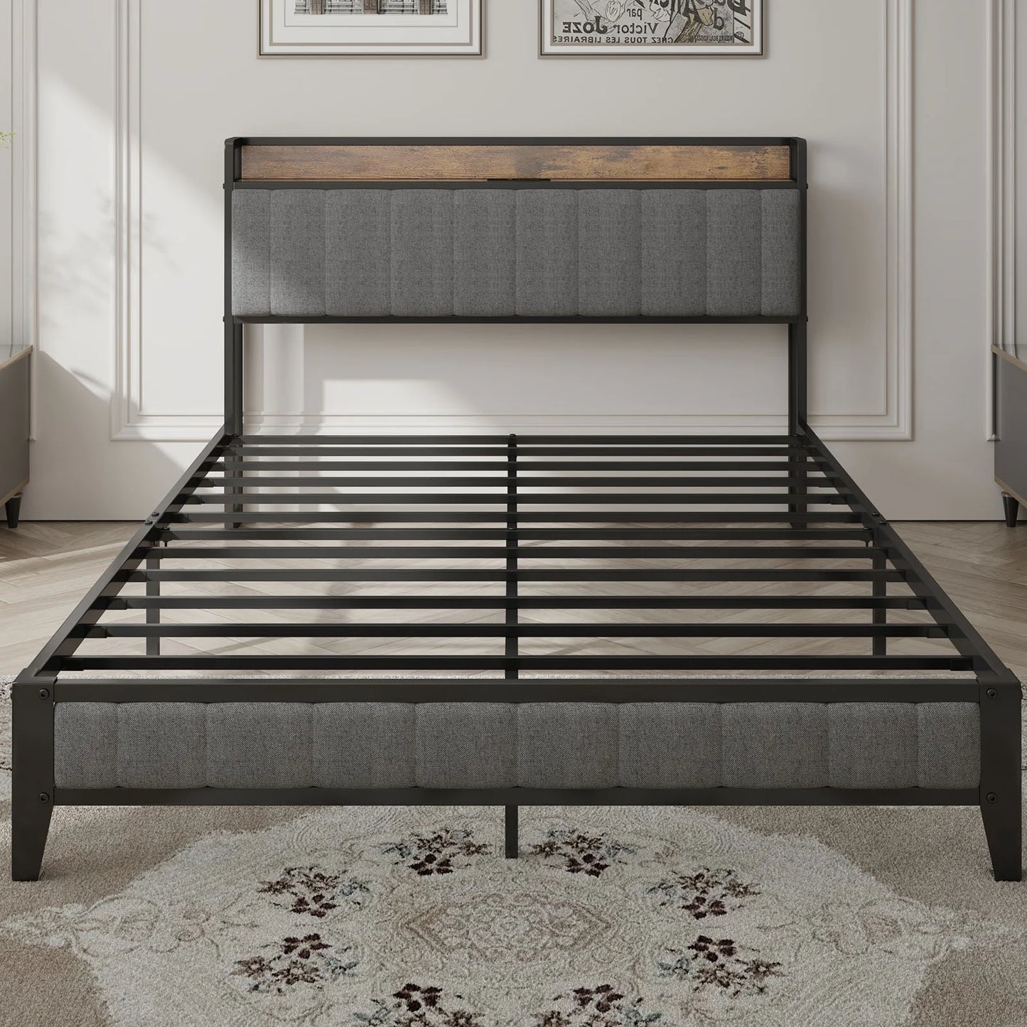 PAPROOS Full Bed Frame with Storage Headboard and Charging Station, Full Size Upholstered Platform Bed, No Box Spring Needed, Gray