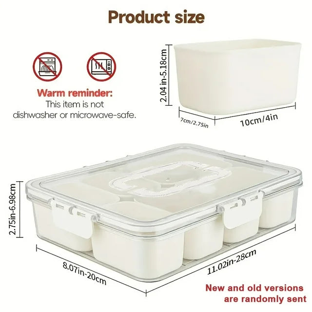 Snackle Box Container, 8 Compartment Divided Serving Tray with Lid and Handle, Portable Snack Tray and Serving Platter for Party, Picnic, Perfect for Fruit, Candy and Treats