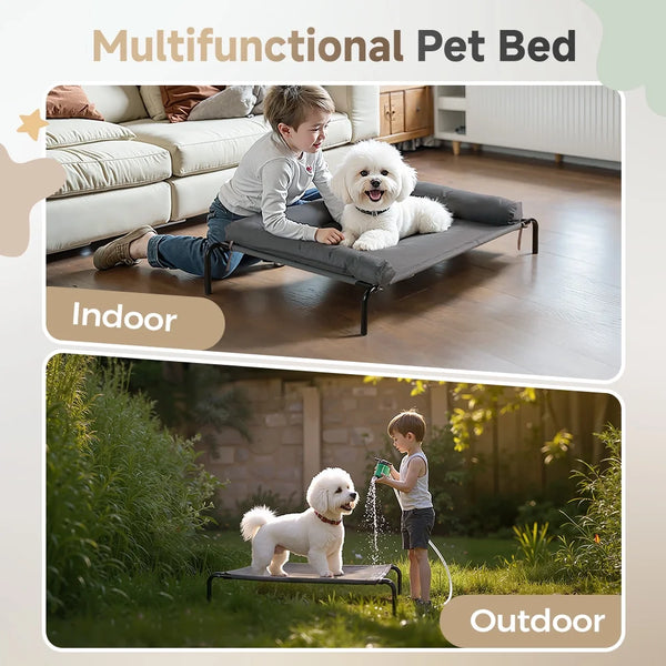 Dog Bed, DOMIPET Elevated Dog Bed Cot with Removable Pillow for Small Dogs,Cooling Pet Cot, Gray