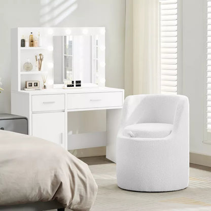 HYLEORY Makeup Ottoman with Storage, Upholstered Vanity Stool with Foldable Backrest Modern Cylindrical Footrest Stool for Living Room Bedroom