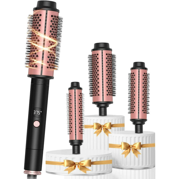 3 in 1 Thermal Brush Set with Ceramic Curling Wand, Fast Heating Hot Brush, 3 Interchangeable Curling Irons for Short, Medium & Long Hair (30mm, 38mm & 45mm), Dual Voltage (J2)