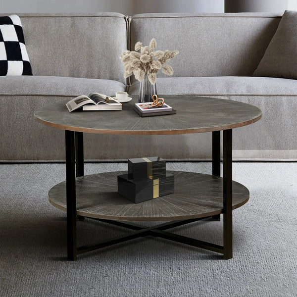 31.5 D 31.5 W  18.3 H Round Coffee Table With 2 Tier Storage, Farmhouse Living Room Cocktail Table with Black Metal Leg, Patchwork Desktop Effect Easy Assembly (Antique Brown)