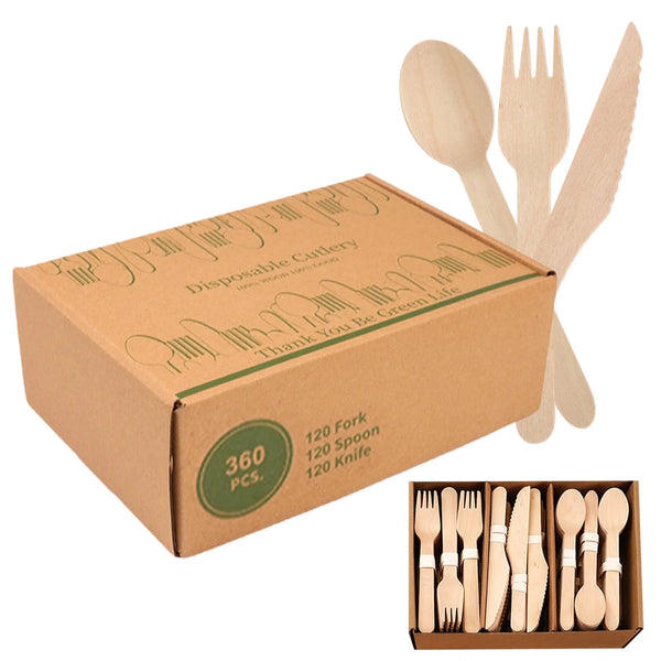 stusgo 360 Pieces Wooden Disposable Cutlery(120 Forks, 120 Spoons, 120 Knives)