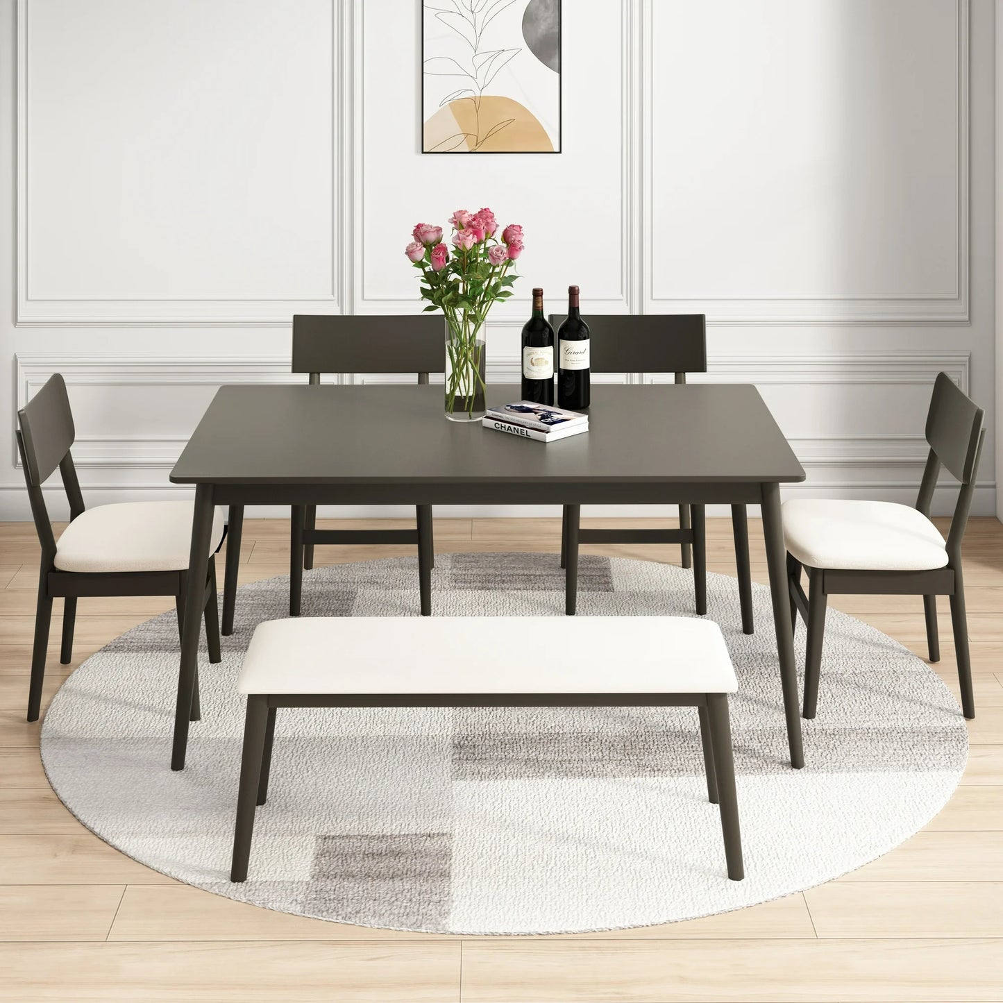 SEGMART 6 Piece Dining Table Set, Modern Home Dining Set with Table, Bench & 4 Cushioned Chairs, Wood Rectangular Table and Chair Set, Kitchen Table Set for Dining Room, Gray